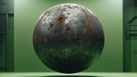 Floating weathered wrecking ball in green room