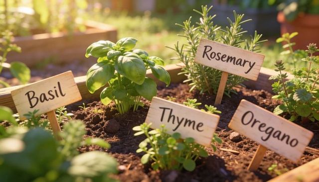 Sunlit raised bed herb garden with labeled basil thyme rosemary oregano