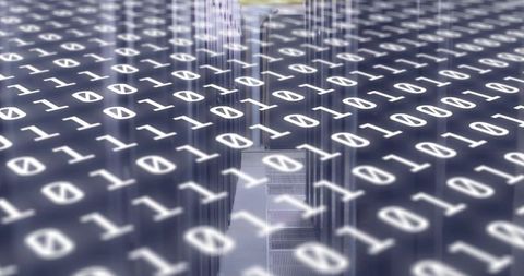 Binary code overlay on data center with glowing server aisles