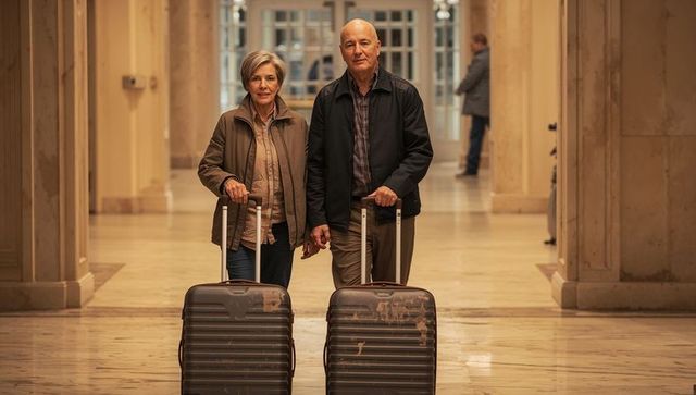 Senior couple standing with suitcases in elegant marble hotel lobby