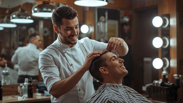 Barber styling male client haircut in vintage barbershop with warm lighting and smiles