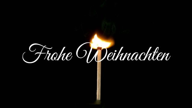 Lit match with glowing flame symbolizes warmth and festivity. 'Frohe Weihnachten' text elegantly represents Christmas season traditions. Ideal for holiday cards, festive social media posts, or digital greetings featuring a serene and warm atmosphere.