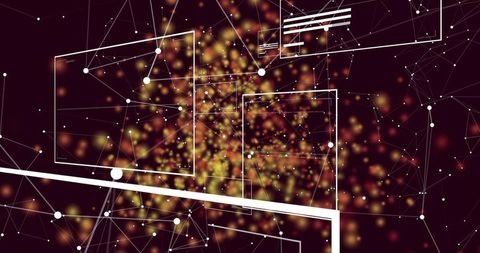 Glowing particle cloud pulsing through futuristic wireframe panels and network mesh