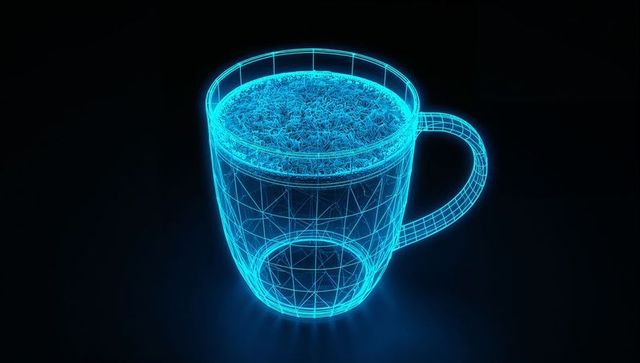 Glowing cyan wireframe mug hovering in digital void with polygonal mesh top