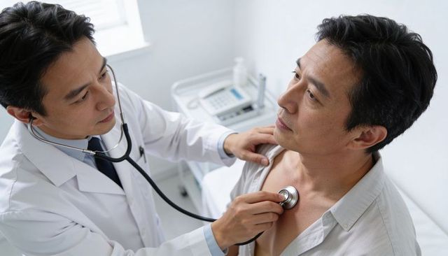 Physician performing cardiac auscultation on adult patient in clinical exam room