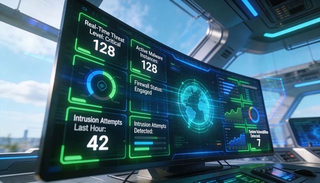 Displaying futuristic cybersecurity control room dashboard with holographic globe on curved monitor