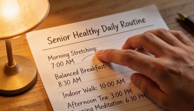 Senior marking healthy daily routine checklist on wooden table with warm lamp