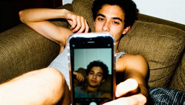 Young man reclining on couch taking selfie with smartphone, casual high-contrast portrait