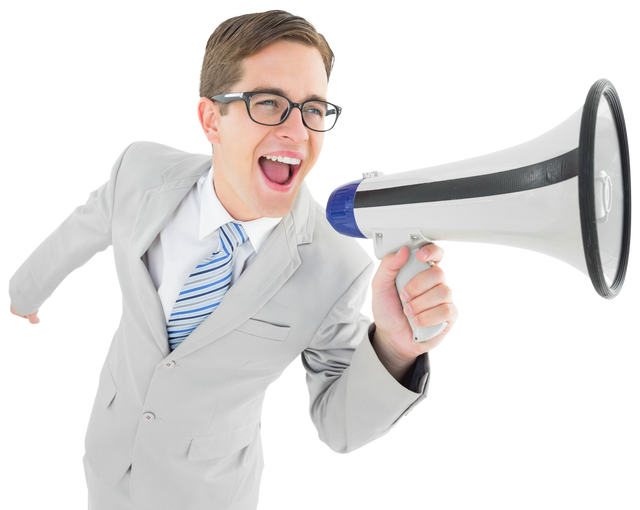 Geeky Businessman Shouting Through Transparent Megaphone on White Background - Download Free Stock Videos Pikwizard.com