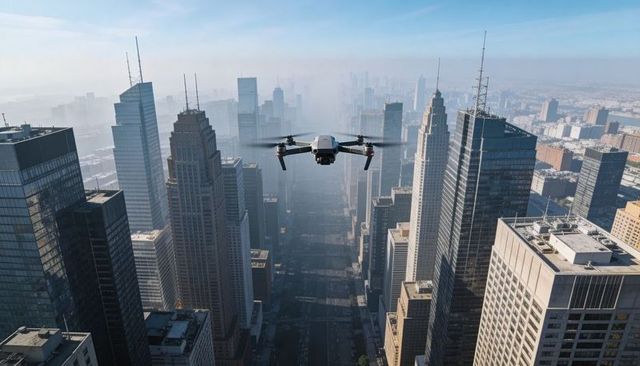 Quadcopter drone hovering over downtown skyscraper canyon with camera gimbal