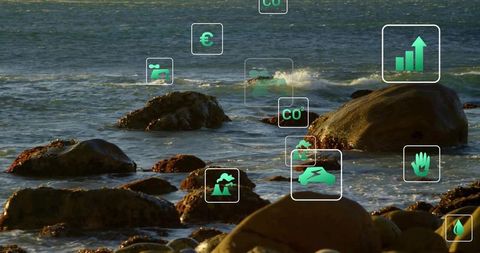 Eco Economy Icons Overlaid on Coastal Shore Scene