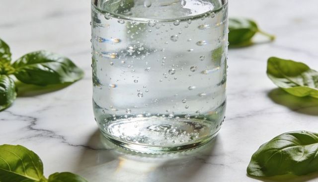 Sparkling water in clear glass jar with fresh basil leaves on white marble