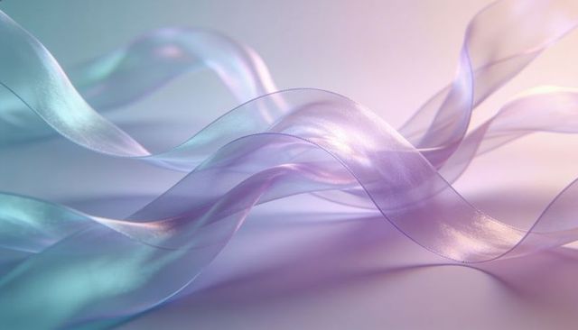 Flowing iridescent organza ribbons drifting through pastel light and soft reflections
