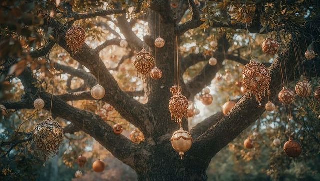 Autumn tree embellished with ornamental spheres in natural setting