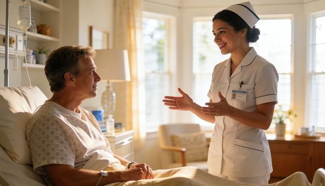 Nurse providing bedside care and reassurance to senior male patient in sunny hospital room