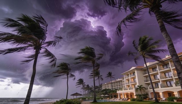 Violent tropical storm rolling over beachfront resort with lightning and bending palm trees