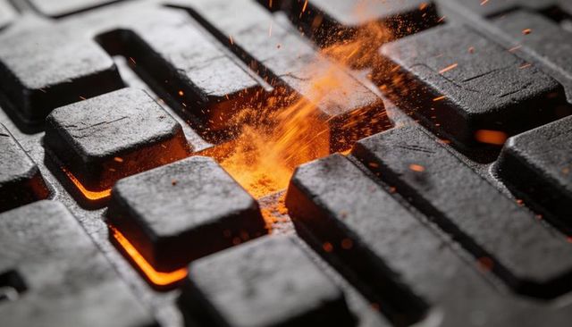 Smoldering keyboard keycap emitting fiery embers and molten orange backlight