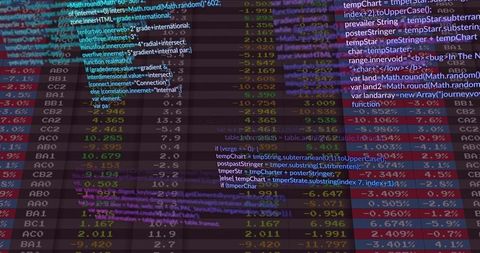 Displaying layered data dashboard with spreadsheet heatmap and javascript code overlay