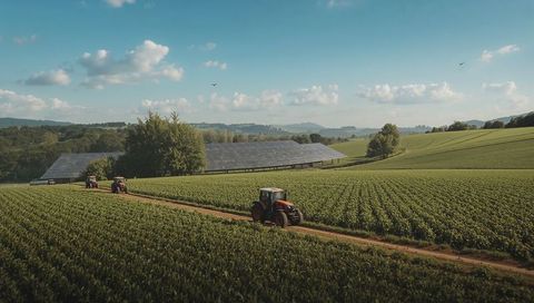 Red tractors driving through green crop fields past solar panels on sustainable farm