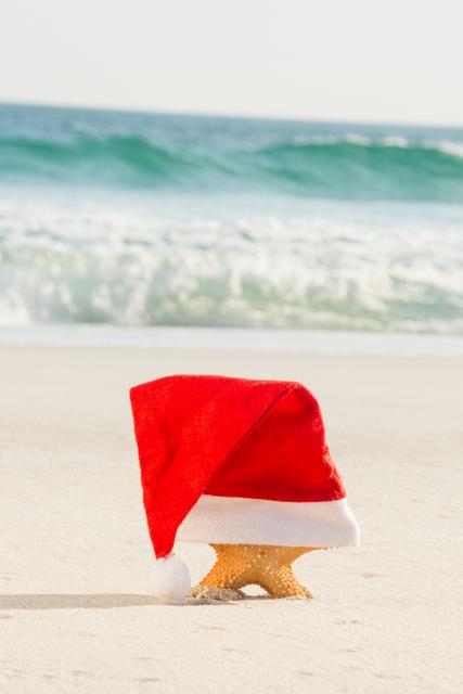 Starfish wearing a Santa hat on a sandy beach with ocean waves in the background. Perfect for holiday-themed travel promotions, tropical Christmas cards, festive decorations, and vacation advertisements.