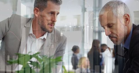 Financial Professionals Analyzing Market Data with Charts Overlay