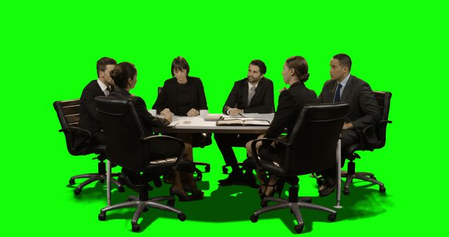 Business professionals dressed in formal attire sitting around conference table, engaged in discussion, with a green screen background. Green screen allows for easy background replacement, suitable for marketing materials, presentations, advertisements, and educational content. Useful for visuals needing customizable background.