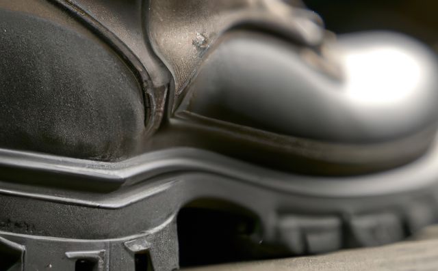 Detailed view of a worn rugged hiking boot sole, ideal for outdoor adventure themes, mountain climbing promotions, rugged footwear advertisements, and camping gear catalogs.