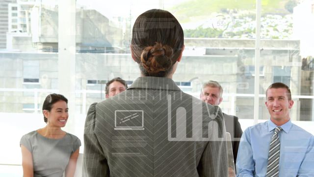 Scene shows a business presentation with digital data processing overlays. Participants are sitting attentively, indicating teamwork and collaboration in a corporate environment. Useful for depicting concepts of global business strategies, data analysis tools, or illustrating modern workplace solutions through visual data integration.