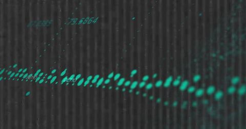Teal particle wave moving across ribbed digital data visualization with glowing dots