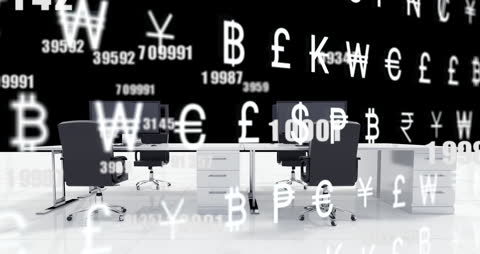 Modern Office with Floating Currency Symbols