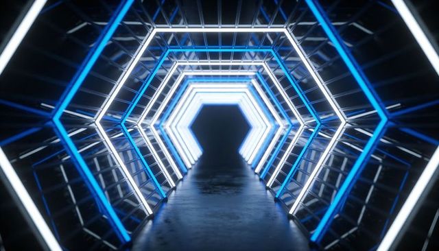 Glowing Hexagonal Tunnel with Blue Neon LED Rings Creating Futuristic Symmetrical Passage