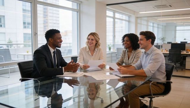 Collaborating Team Sharing Documents Around Glass Table in Modern Office Meeting