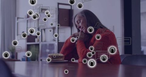 Woman reflecting on pancakes with social media elements around