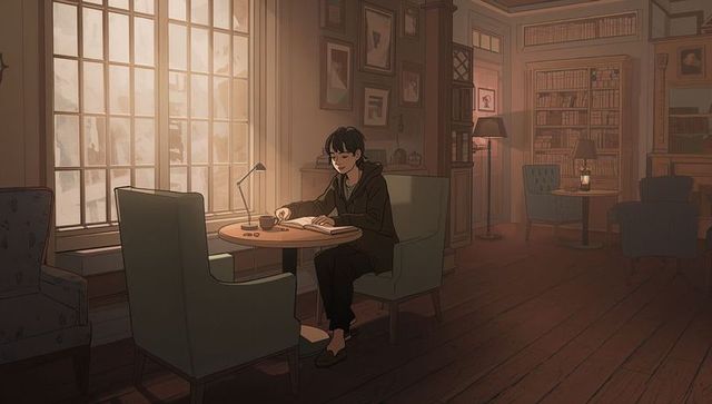 Reading asian man in hoodie studying at cozy library table with warm lamplight