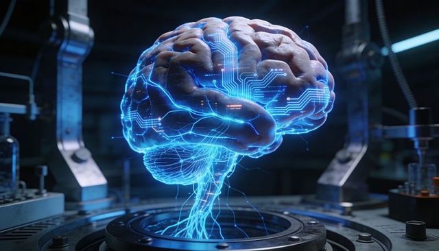 Holographic Brain with Neon Circuitry Floating Above Platform for AI Neural Tech Research