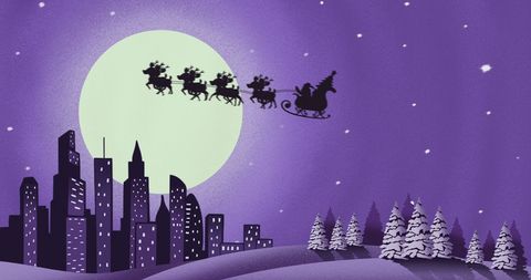 Santa Sleigh Flying Over Snowy City in Moonlit Christmas Night - Download Free Stock Images Pikwizard.com