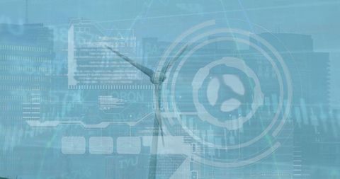 Futuristic Overlay Highlights Wind Turbine in Urban Setting