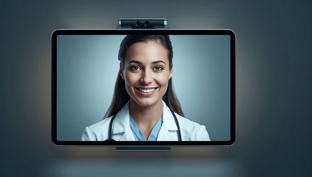 Smiling female physician appearing on tablet for telemedicine consultation and remote care