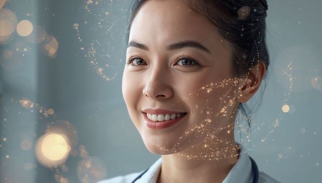 Smiling asian female doctor wearing white coat and stethoscope with golden particle glow