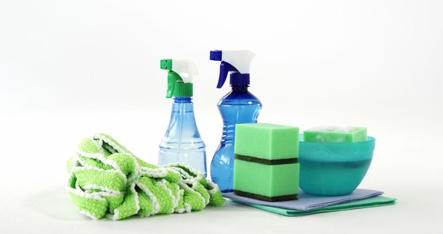 Cleaning Supplies with Spray Bottles, Sponges, and Cleaning Cloth - Download Free Stock Images Pikwizard.com