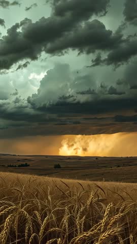 Vertical storm rolling over golden wheat field with sunlit rain curtain, dramatic clouds