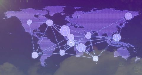 Purple Neon Global Network Connecting Glowing User Nodes on Halftone World Map for Tech