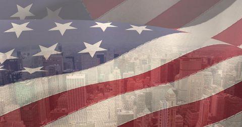 American Flag Overlay on Urban Cityscape Symbolizing Patriotism
