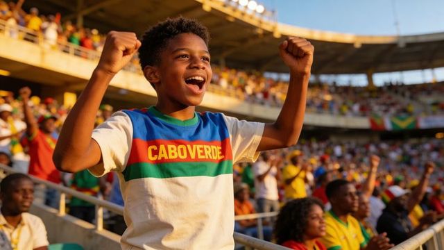 Joyful young fan cheering in caboverde jersey at vibrant packed stadium during match