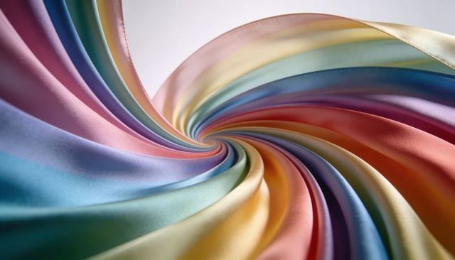 Swirling satin ribbon spiral in pastel rainbow palette with glossy silk sheen and texture