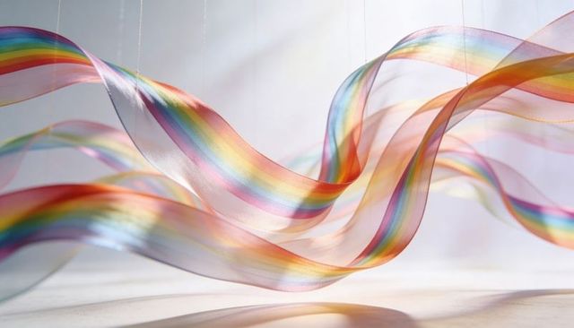 Translucent rainbow ribbons floating in soft light abstract background for design