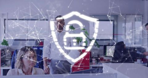 Holographic Shield Padlock Protecting Open Office Network Team Collaborating on Cybersecurity