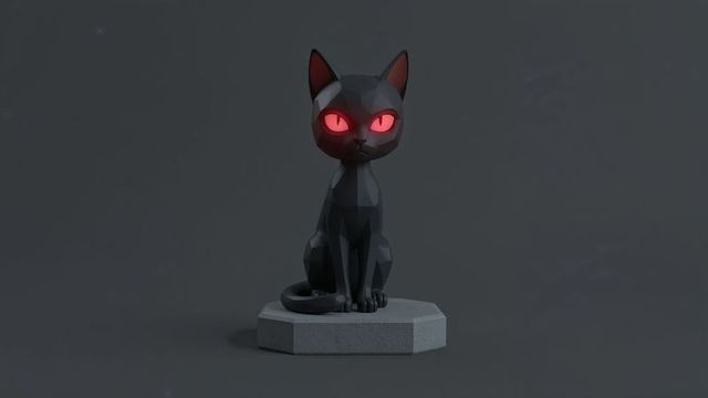 Polygonal black cat statue with glowing red eyes on octagonal base