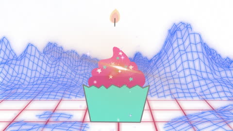 Whimsical Cupcake with Candle Amidst Digital Landscape