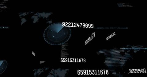 Futuristic HUD Radar with Floating Numeric Data, World Map Visualization, Cyber Interface